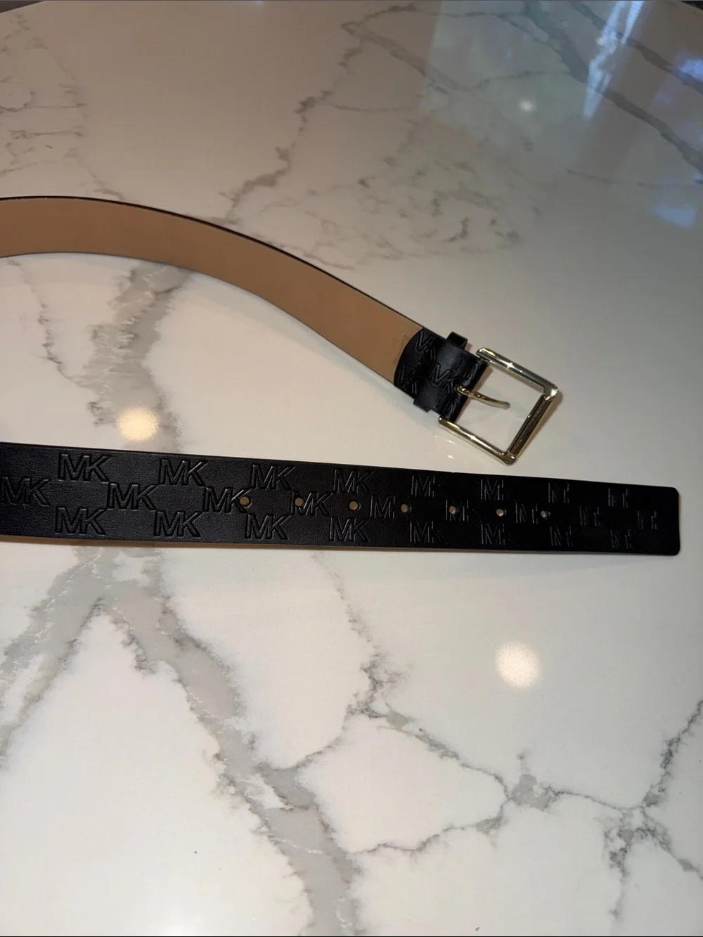 Michael Kors Black Embossed MK Leather Belt with Gold Buckle